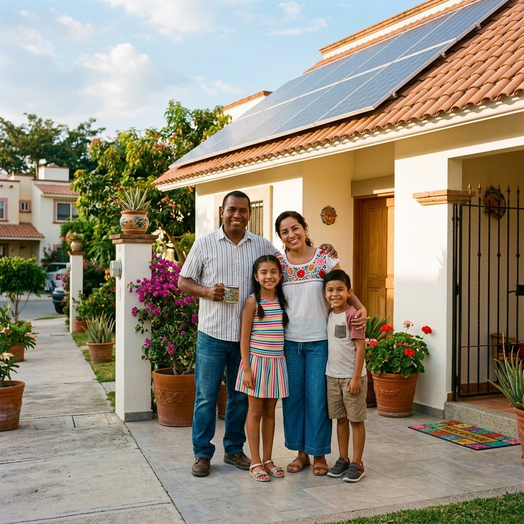 Familia mexicana feliz con paneles solares