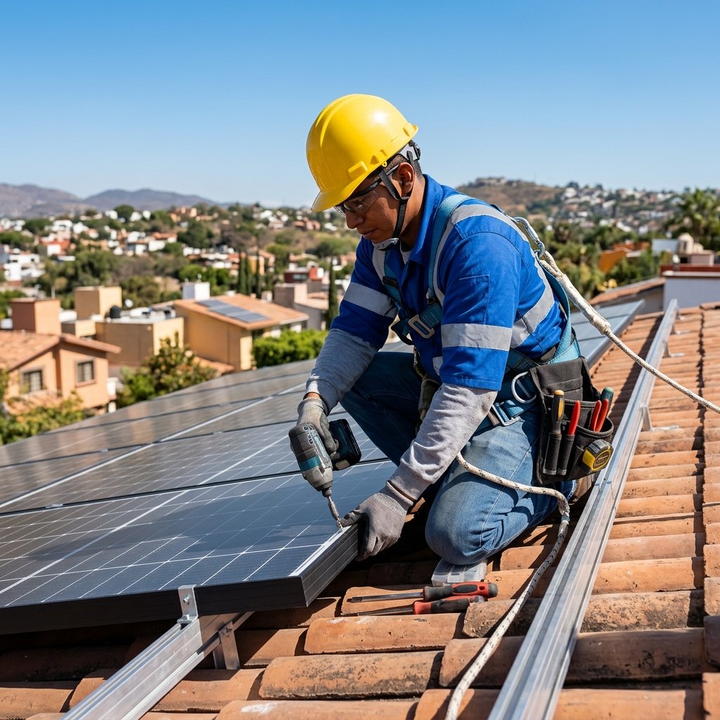 Técnico solar mexicano instalando paneles en un techo